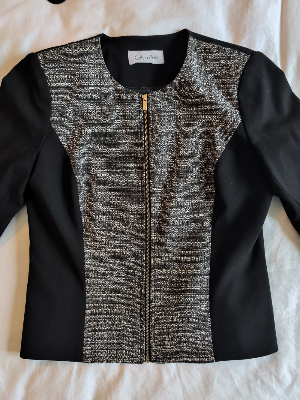 Calvin Klein Cropped Black Blazer with Tweed Front and Gold Zip